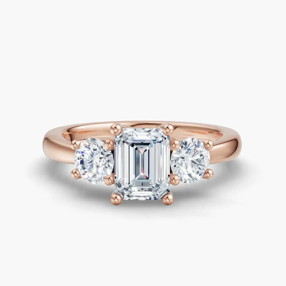 Certified 1 carat Lab Grown Diamond Emerald Cut Three Stone, Side Stone, Low profile Engagement Ring in 14K Rose Gold-Valeri