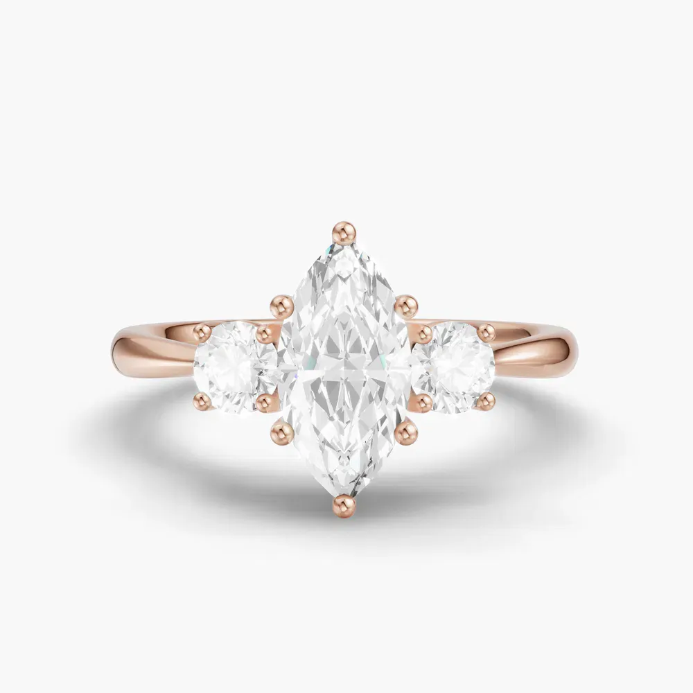 Certified 1 carat Lab Grown Diamond Marquise Cut Three Stone, Side Stone, Low profile Engagement Ring in 14K Rose Gold-Dhyra