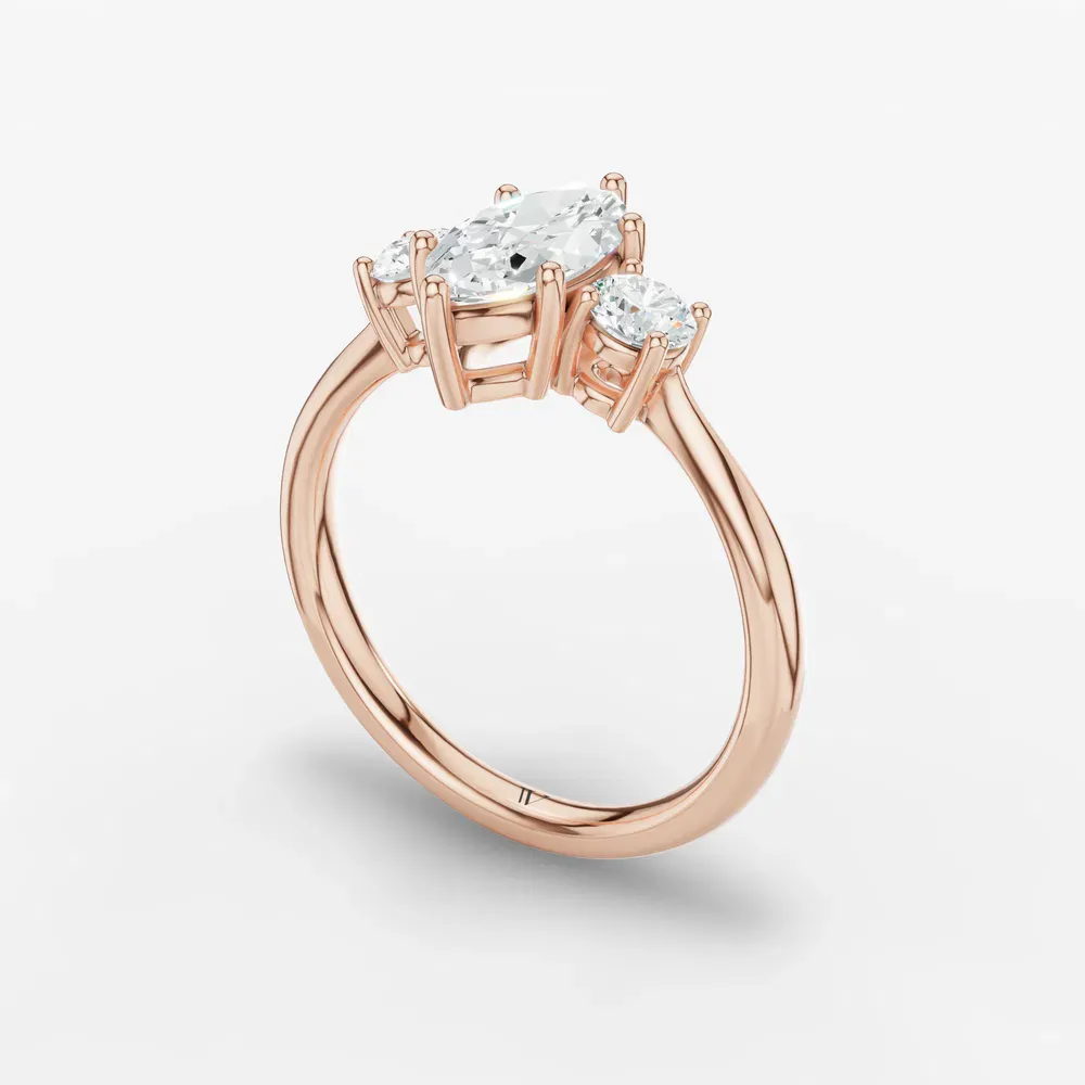Certified 1 carat Lab Grown Diamond Marquise Cut Three Stone, Side Stone, Low profile Engagement Ring in 14K Rose Gold-Dhyra