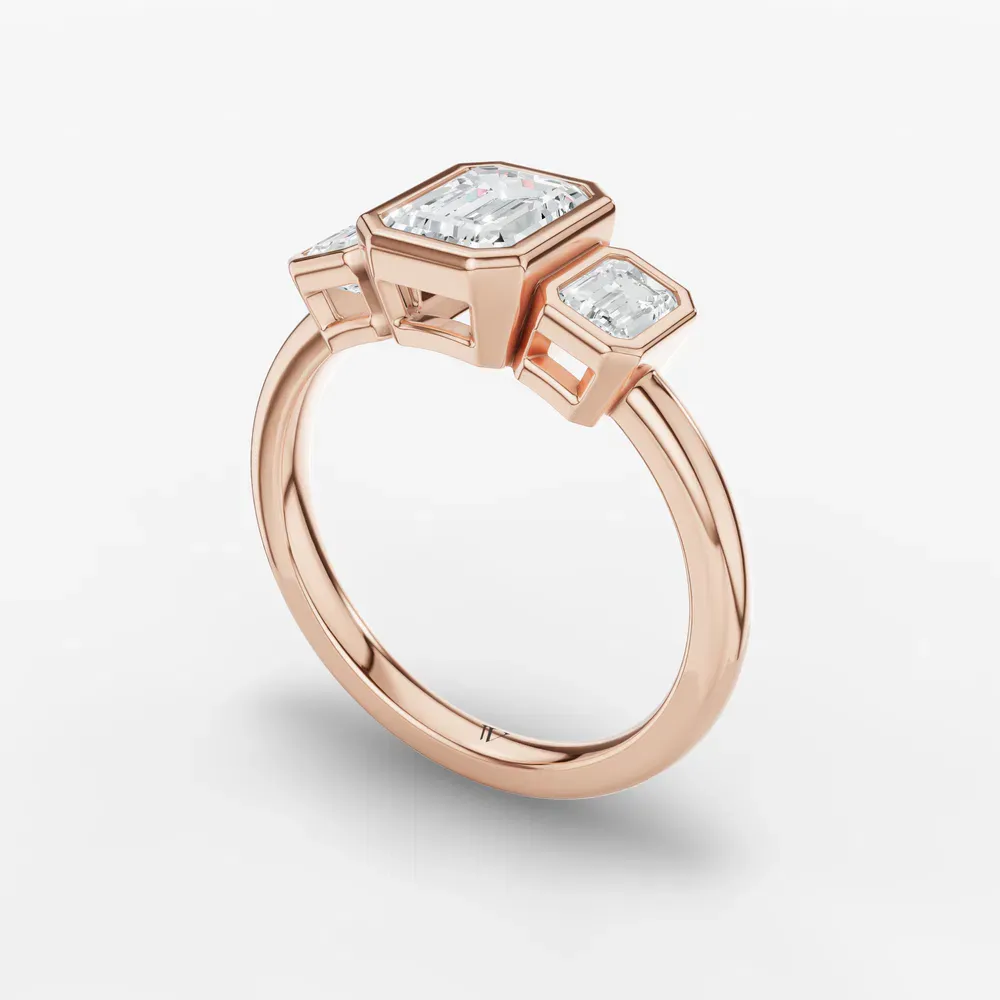 Certified 1 carat Lab Grown Diamond Emerald Cut Three Stone, Bezel, Low profile Engagement Ring in 14K Rose Gold-Elix