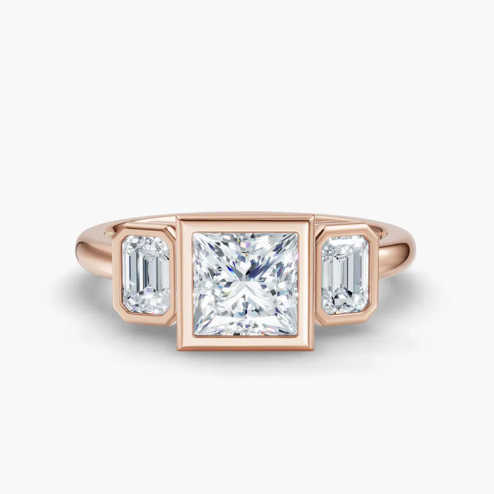 Certified 1 carat Lab Grown Diamond Princess Cut Three Stone, Bezel, Low profile Engagement Ring in 14K Rose Gold-Elix