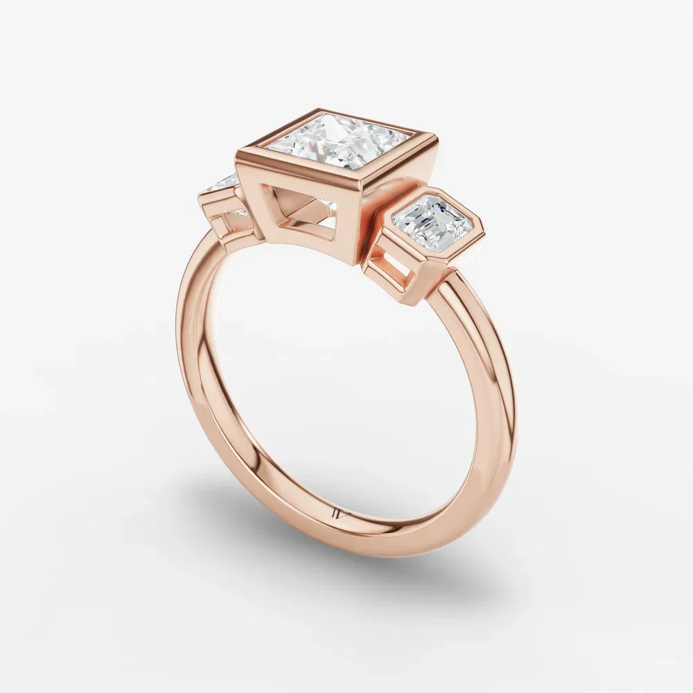 Certified 1 carat Lab Grown Diamond Princess Cut Three Stone, Bezel, Low profile Engagement Ring in 14K Rose Gold-Elix