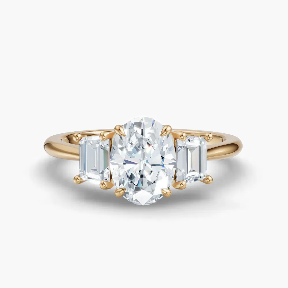 Certified 1 carat Lab Grown Diamond Oval Cut Three Stone, Side Stone, Low profile Engagement Ring in 14K Yellow Gold-Cygnus