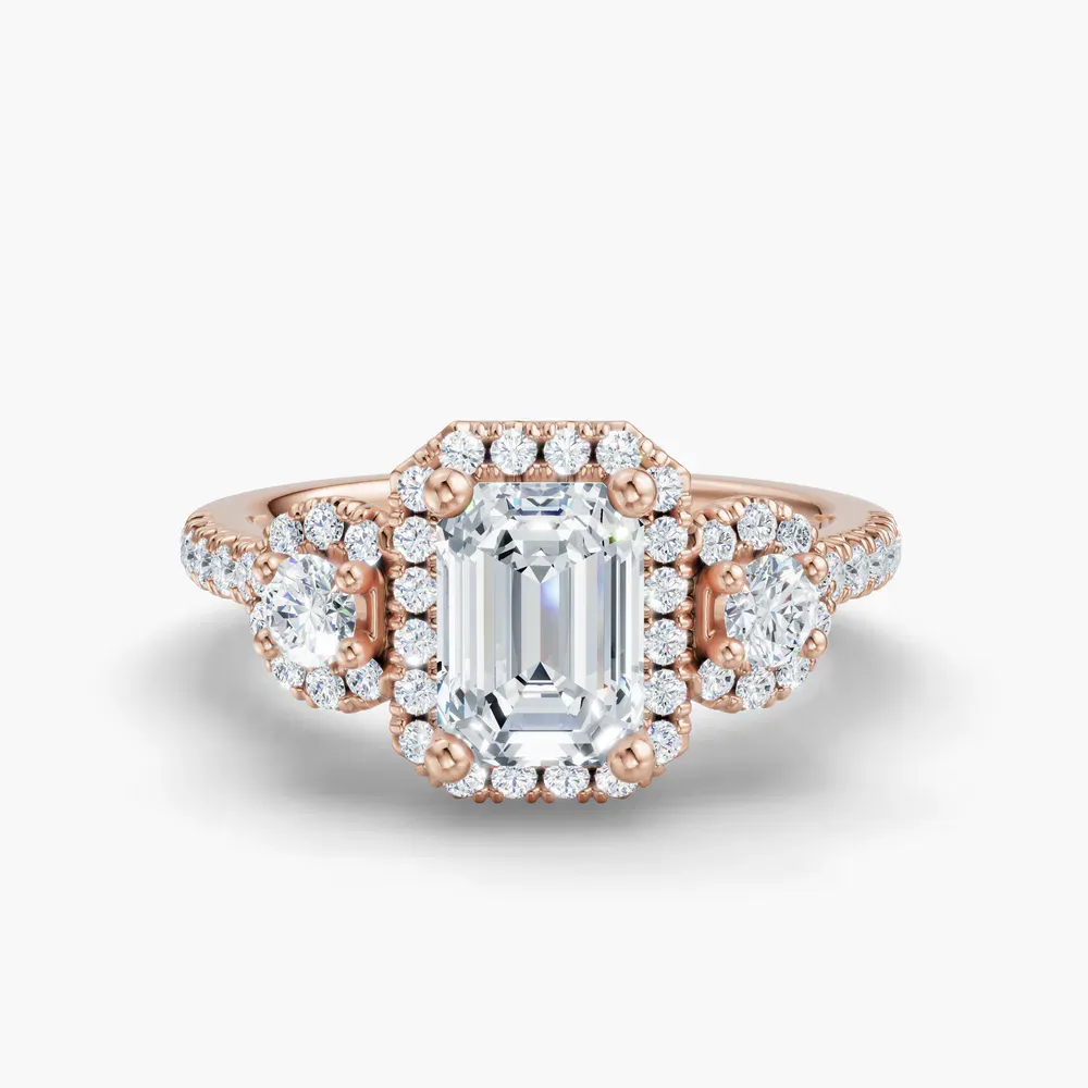 Certified 1 carat Lab Grown Diamond Emerald Cut Three Stone, Halo, Hidden Halo Engagement Ring in 14K Rose Gold-Hylor