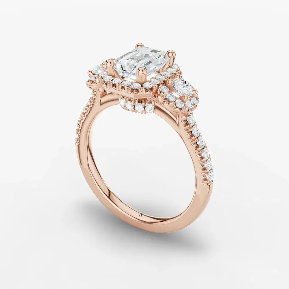 Certified 1 carat Lab Grown Diamond Emerald Cut Three Stone, Halo, Hidden Halo Engagement Ring in 14K Rose Gold-Hylor