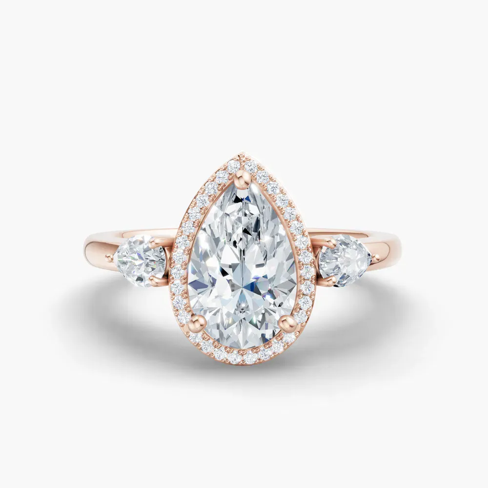 Certified 2 carat Lab Grown Diamond Pear Cut Halo, Cathedral, Three Stone Engagement Ring in 14K Rose Gold-Daren