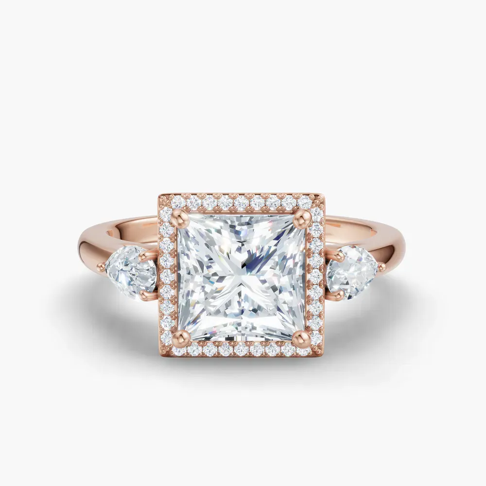 Certified 1 carat Lab Grown Diamond Princess Cut Halo, Cathedral, Three Stone Engagement Ring in 14K Rose Gold-Daren