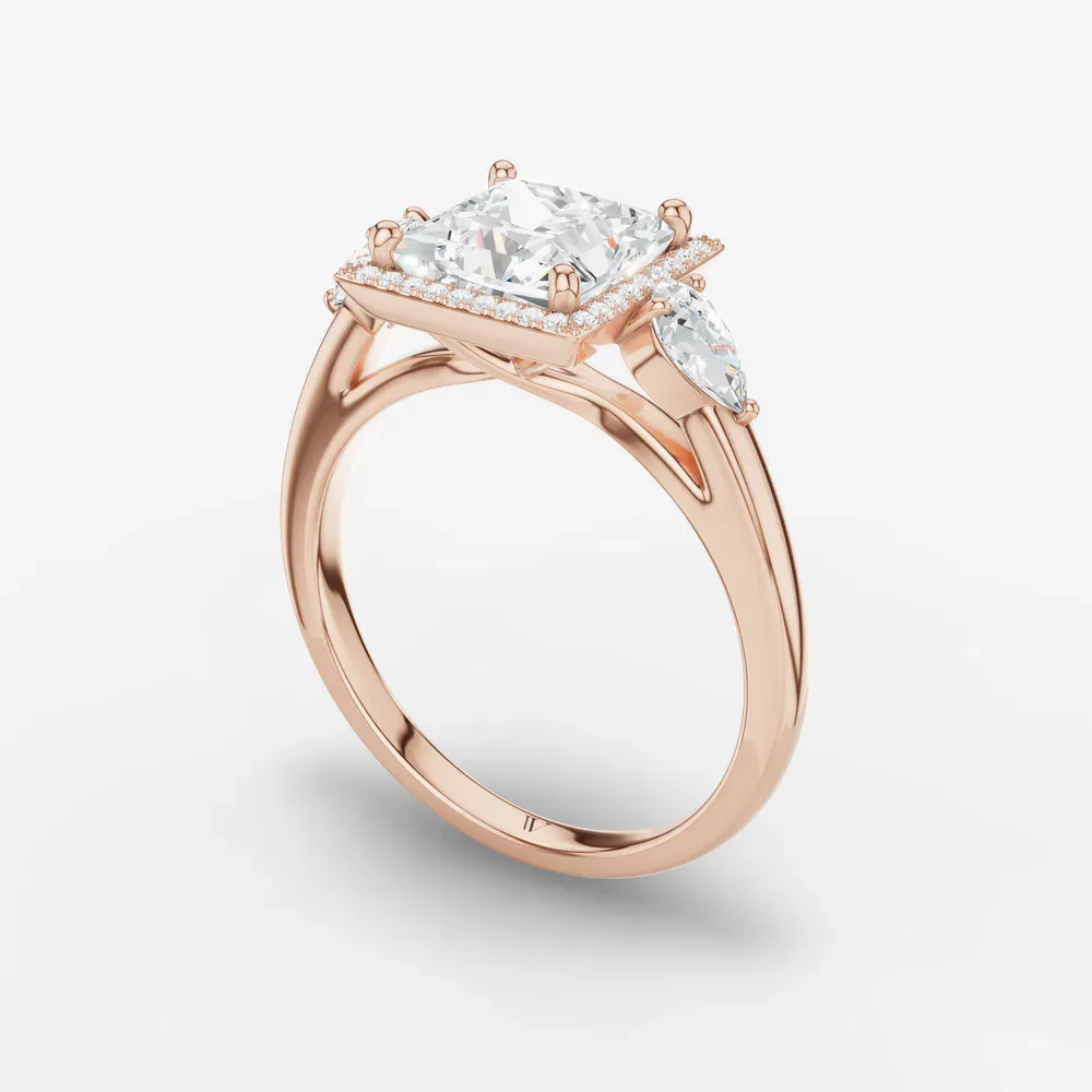 Certified 1 carat Lab Grown Diamond Princess Cut Halo, Cathedral, Three Stone Engagement Ring in 14K Rose Gold-Daren