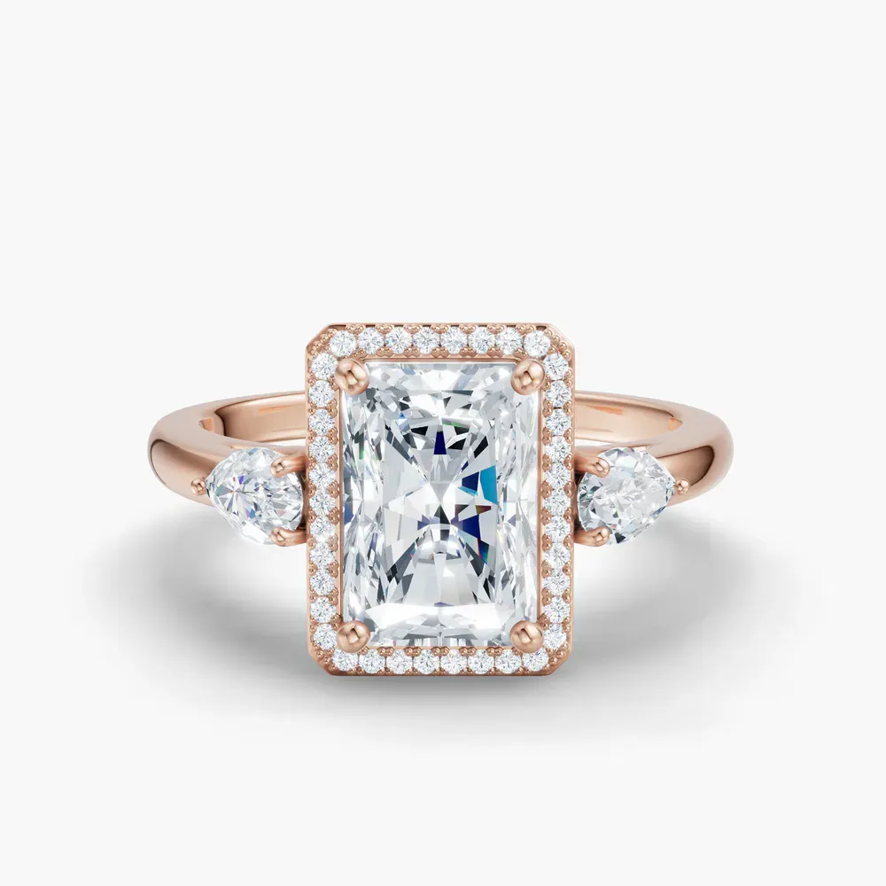 Certified 1 carat Lab Grown Diamond Radiant Cut Halo, Cathedral, Three Stone Engagement Ring in 14K Rose Gold-Daren