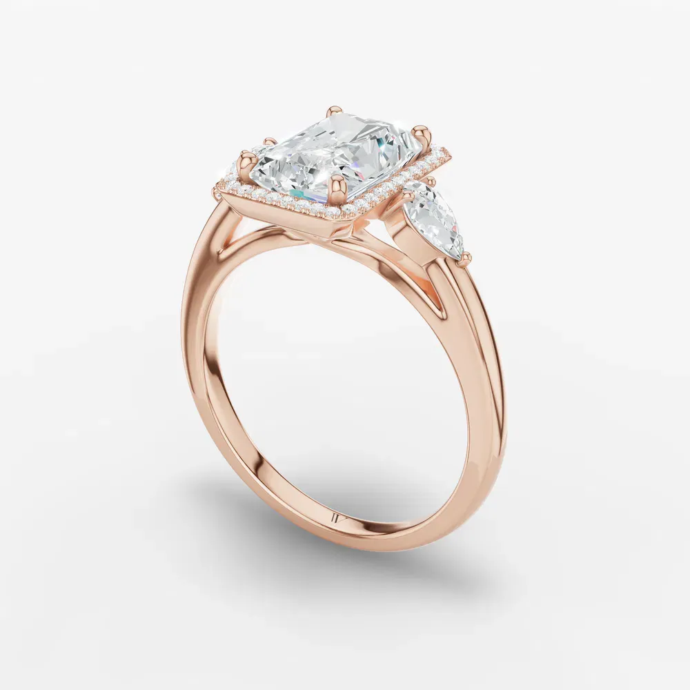 Certified 1 carat Lab Grown Diamond Radiant Cut Halo, Cathedral, Three Stone Engagement Ring in 14K Rose Gold-Daren
