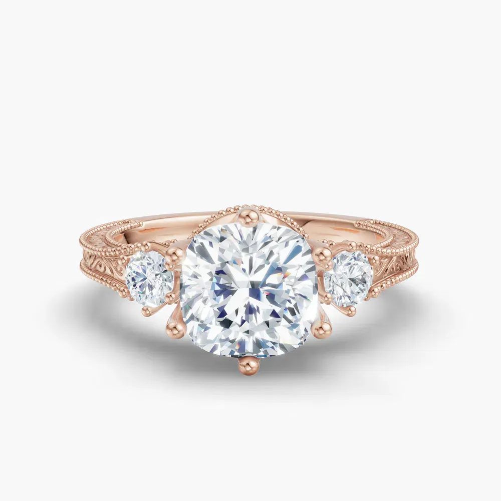 Certified 1 carat Lab Grown Diamond Cushion Cut Three Stone, Unique, Milgrain Engagement Ring in 14K Rose Gold-Zara