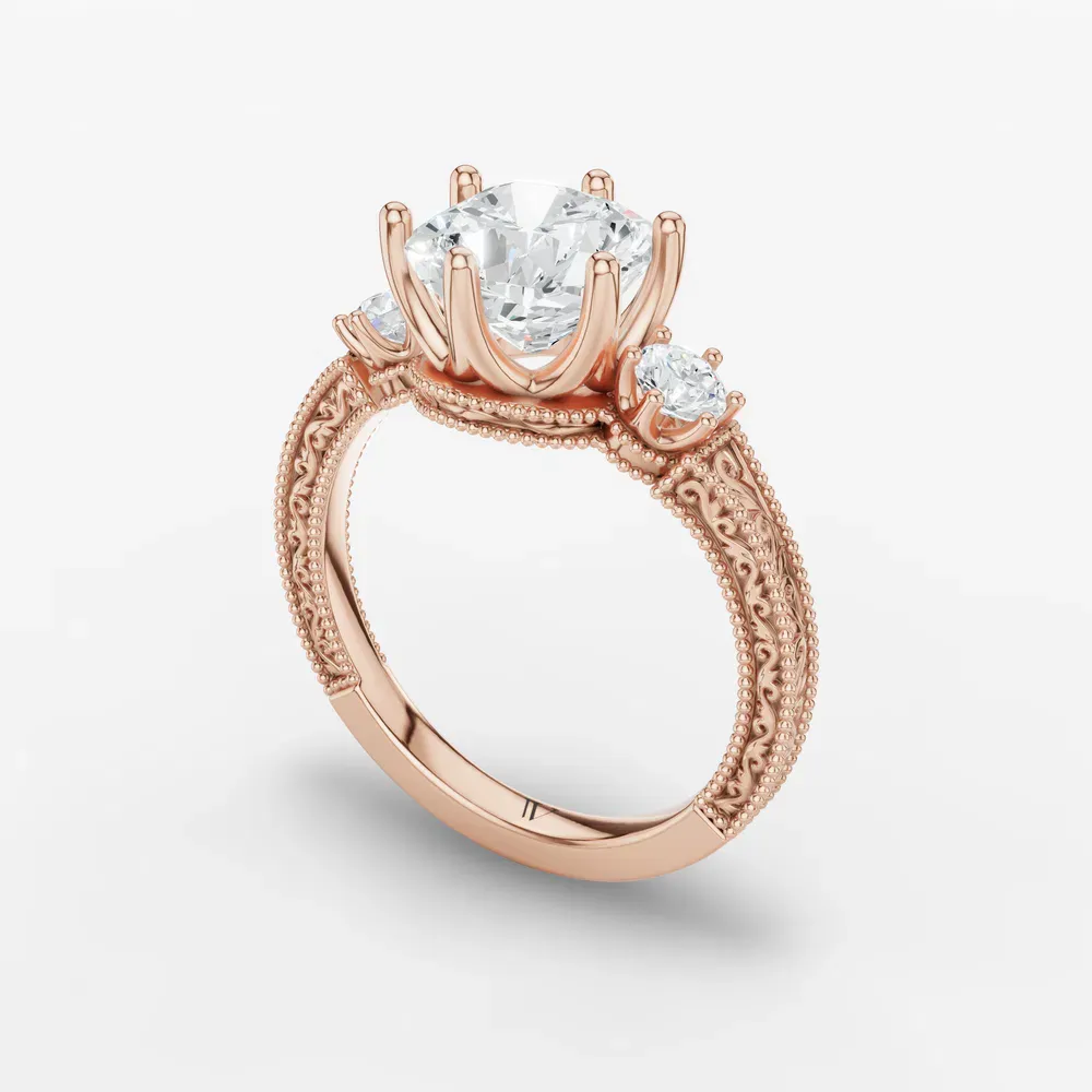 Certified 1 carat Lab Grown Diamond Cushion Cut Three Stone, Unique, Milgrain Engagement Ring in 14K Rose Gold-Zara