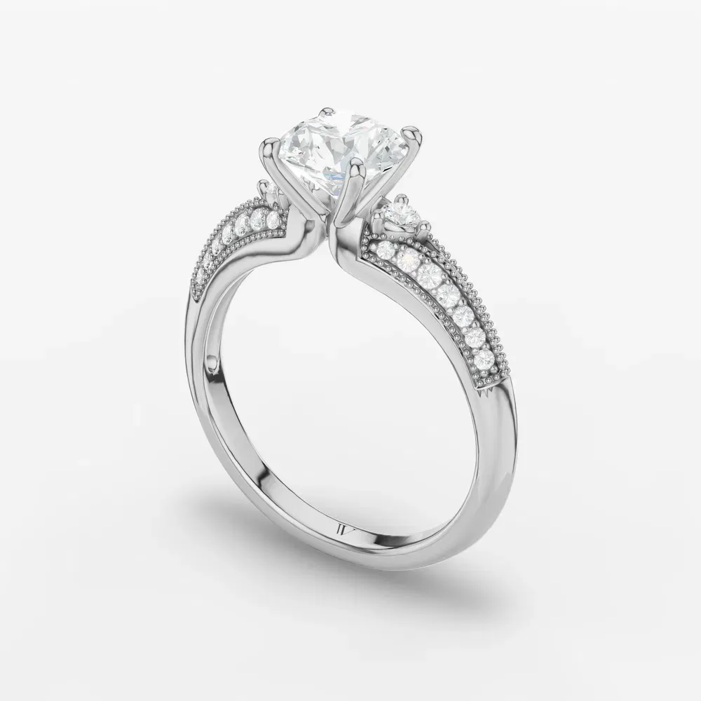 Certified 1 carat Lab Grown Diamond Round Cut Milgrain, Three Stone, Pavé Engagement Ring in 14K White Gold-Avery