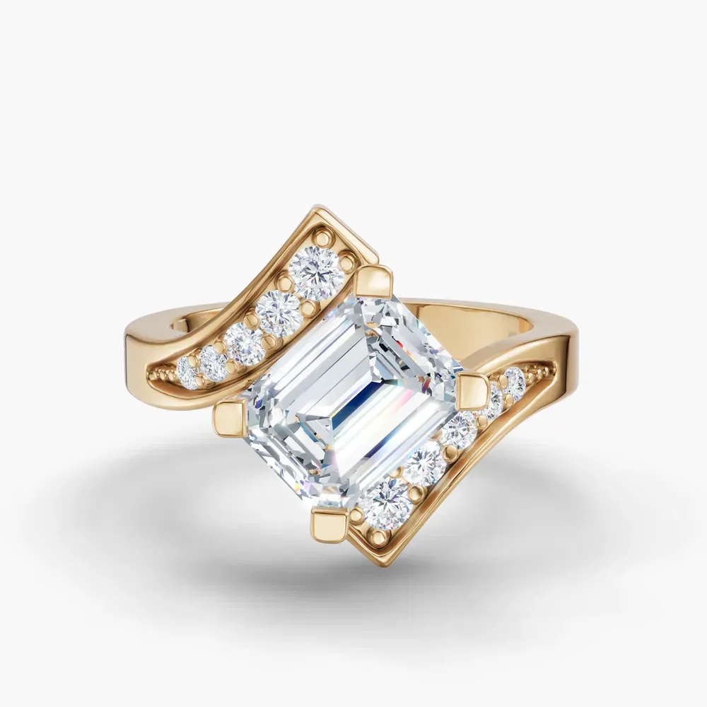Certified 2 carat Lab Grown Diamond Emerald Cut Unique, Modern, Twist Engagement Ring in 14K Yellow Gold-Flow