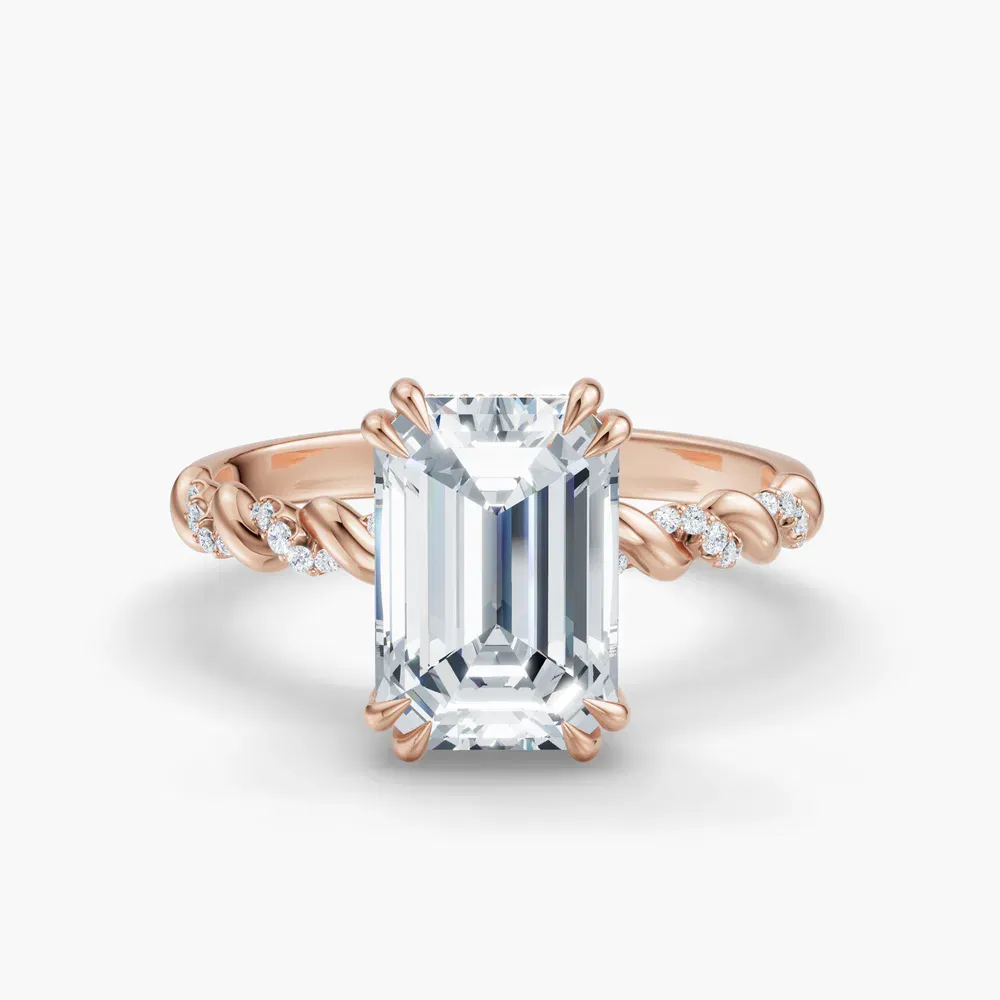 Certified 1 carat Lab Grown Diamond Emerald Cut Pavé, Hidden Halo, Twist Engagement Ring in 14K Rose Gold-Lior