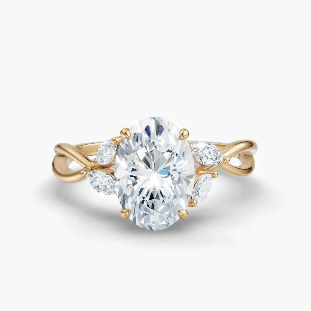 Certified 1 carat Lab Grown Diamond Oval Cut Twist, Split Shank, Side Stone Engagement Ring in 14K Yellow Gold-Mena