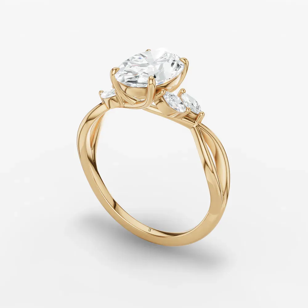 Certified 1 carat Lab Grown Diamond Oval Cut Twist, Split Shank, Side Stone Engagement Ring in 14K Yellow Gold-Mena