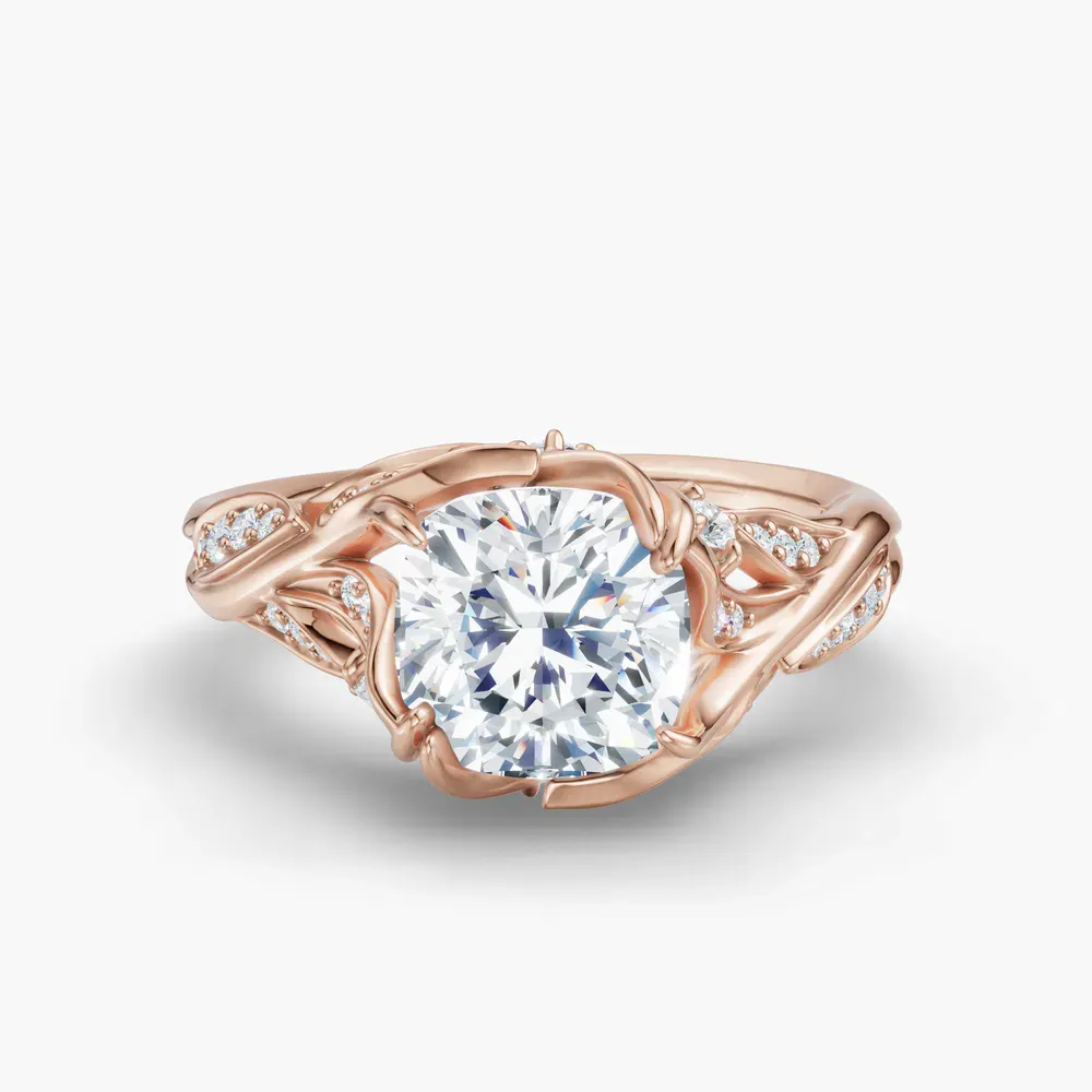 Certified 2 carat Lab Grown Diamond Cushion Cut Nature inspired, Twist, Pavé Engagement Ring in 14K Rose Gold-Hush
