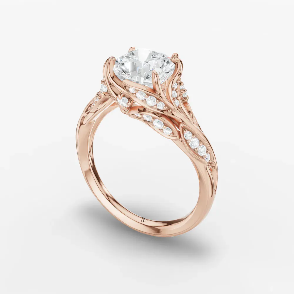 Certified 2 carat Lab Grown Diamond Cushion Cut Nature inspired, Twist, Pavé Engagement Ring in 14K Rose Gold-Hush