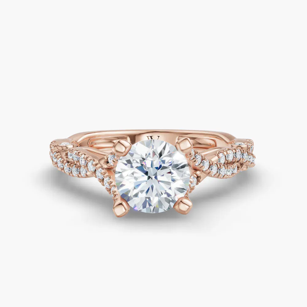 Certified 1 carat Lab Grown Diamond Round Cut Pavé, Twist, Split Shank Engagement Ring in 14K Rose Gold-Firova