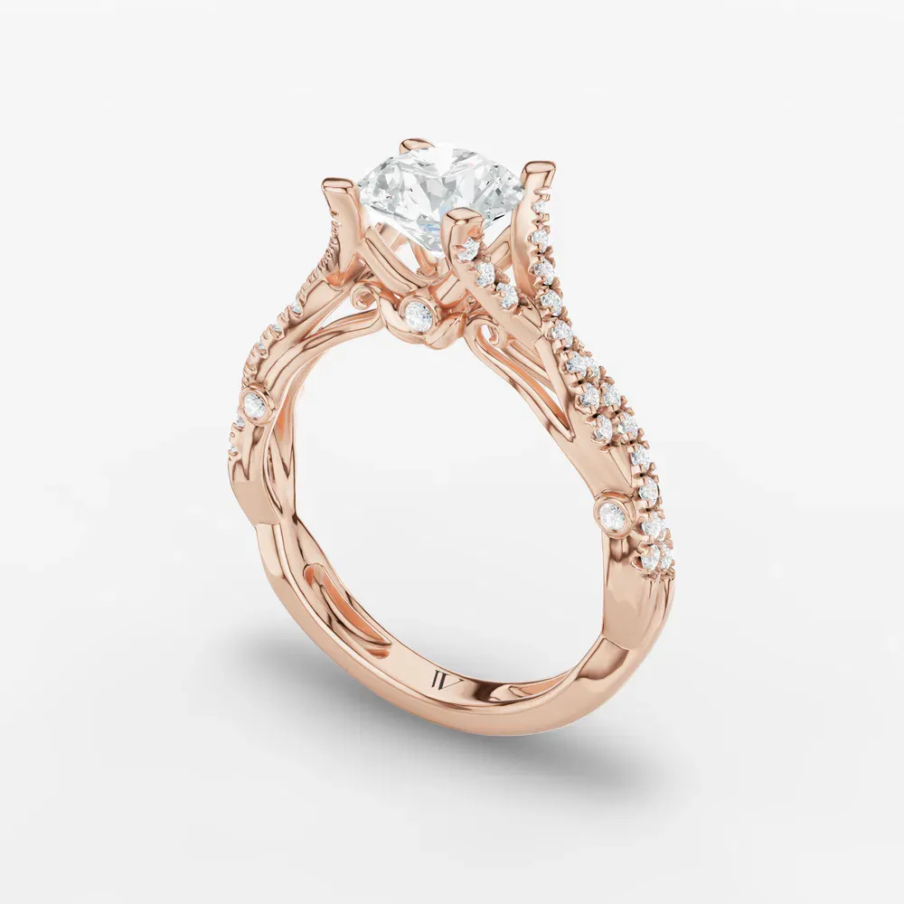 Certified 1 carat Lab Grown Diamond Round Cut Pavé, Twist, Split Shank Engagement Ring in 14K Rose Gold-Firova