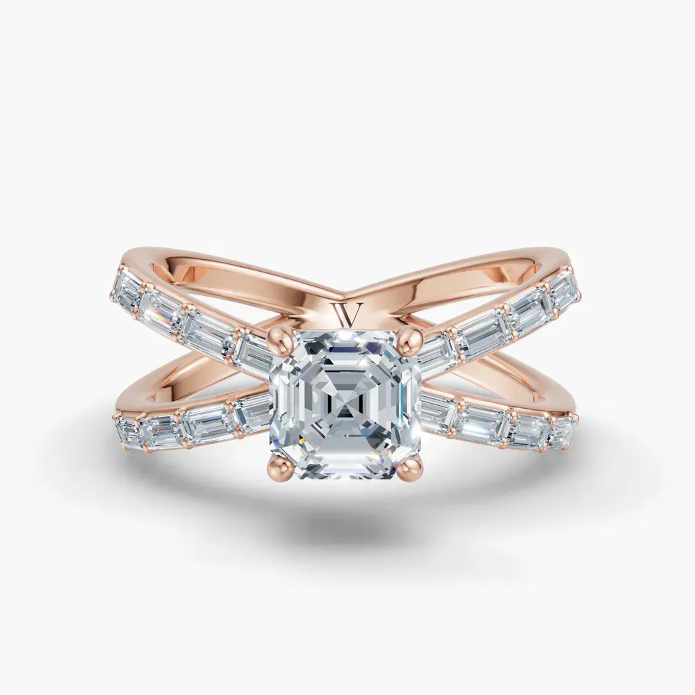 Certified 1 carat Lab Grown Diamond Asscher Cut Baguette, Unique, Split Shank Engagement Ring in 14K Rose Gold-Luminara
