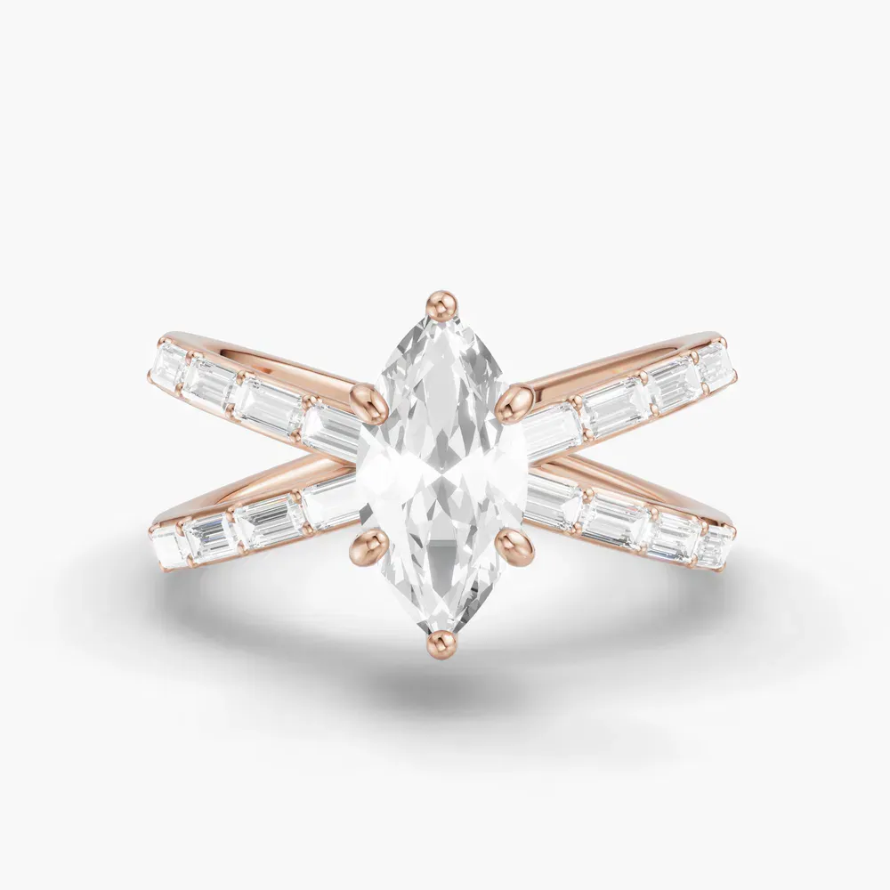 Certified 1 carat Lab Grown Diamond Marquise Cut Baguette, Unique, Split Shank Engagement Ring in 14K Rose Gold-Luminara