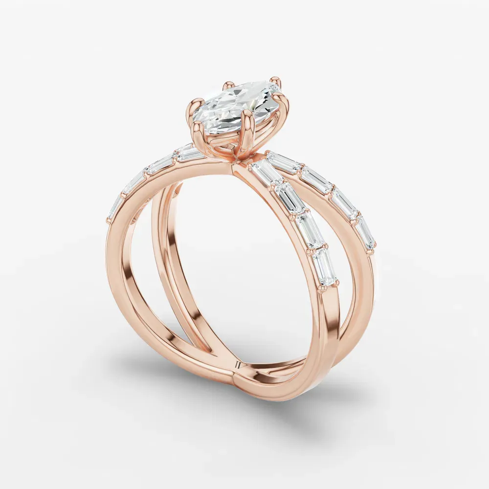 Certified 1 carat Lab Grown Diamond Marquise Cut Baguette, Unique, Split Shank Engagement Ring in 14K Rose Gold-Luminara
