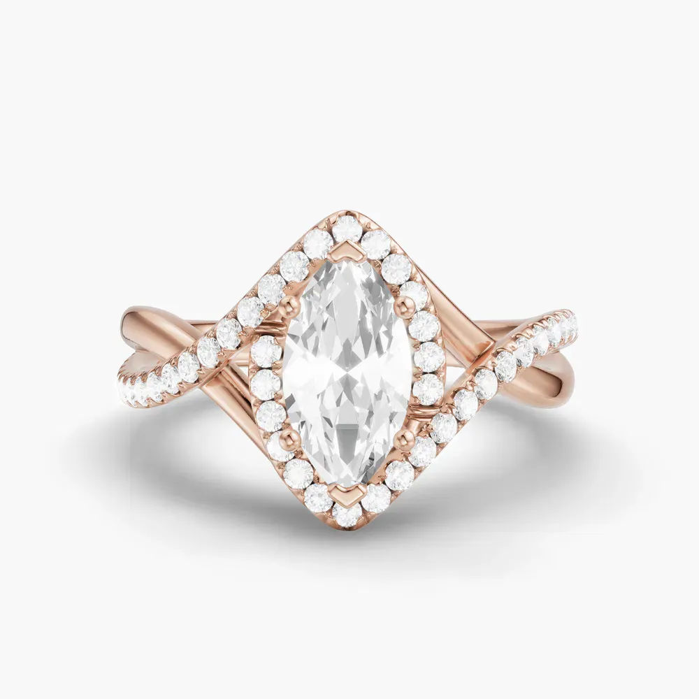 Certified 1 carat Lab Grown Diamond Marquise Cut Halo, Pavé, Twist Engagement Ring in 14K Rose Gold-Dell
