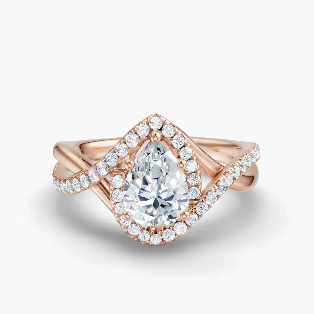 Certified 1 carat Lab Grown Diamond Pear Cut Halo, Pavé, Twist Engagement Ring in 14K Rose Gold-Dell