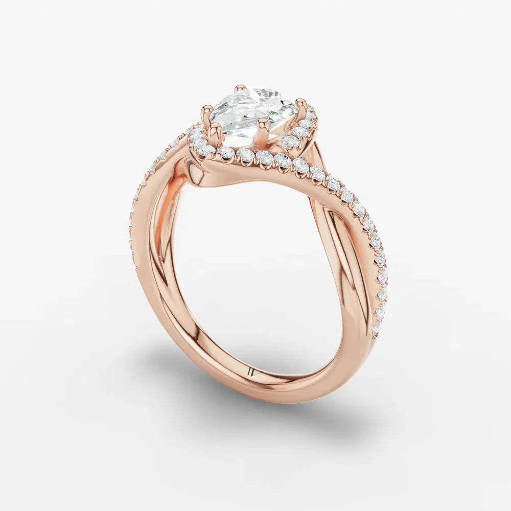Certified 1 carat Lab Grown Diamond Pear Cut Halo, Pavé, Twist Engagement Ring in 14K Rose Gold-Dell