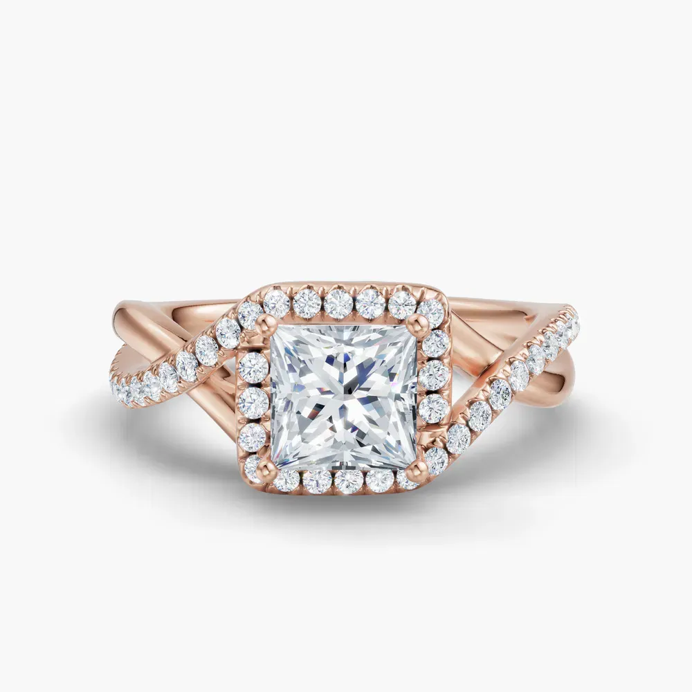 Certified 1 carat Lab Grown Diamond Princess Cut Halo, Pavé, Twist Engagement Ring in 14K Rose Gold-Dell