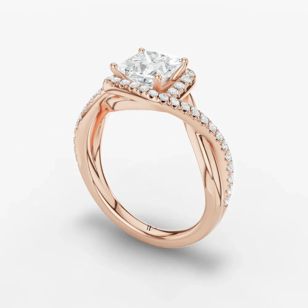 Certified 1 carat Lab Grown Diamond Princess Cut Halo, Pavé, Twist Engagement Ring in 14K Rose Gold-Dell