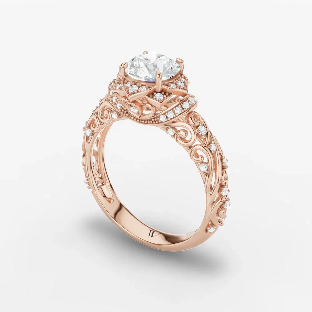 Certified 1 carat Lab Grown Diamond Round Cut Vintage, Filigree, Floral Engagement Ring in 14K Rose Gold-Delyn