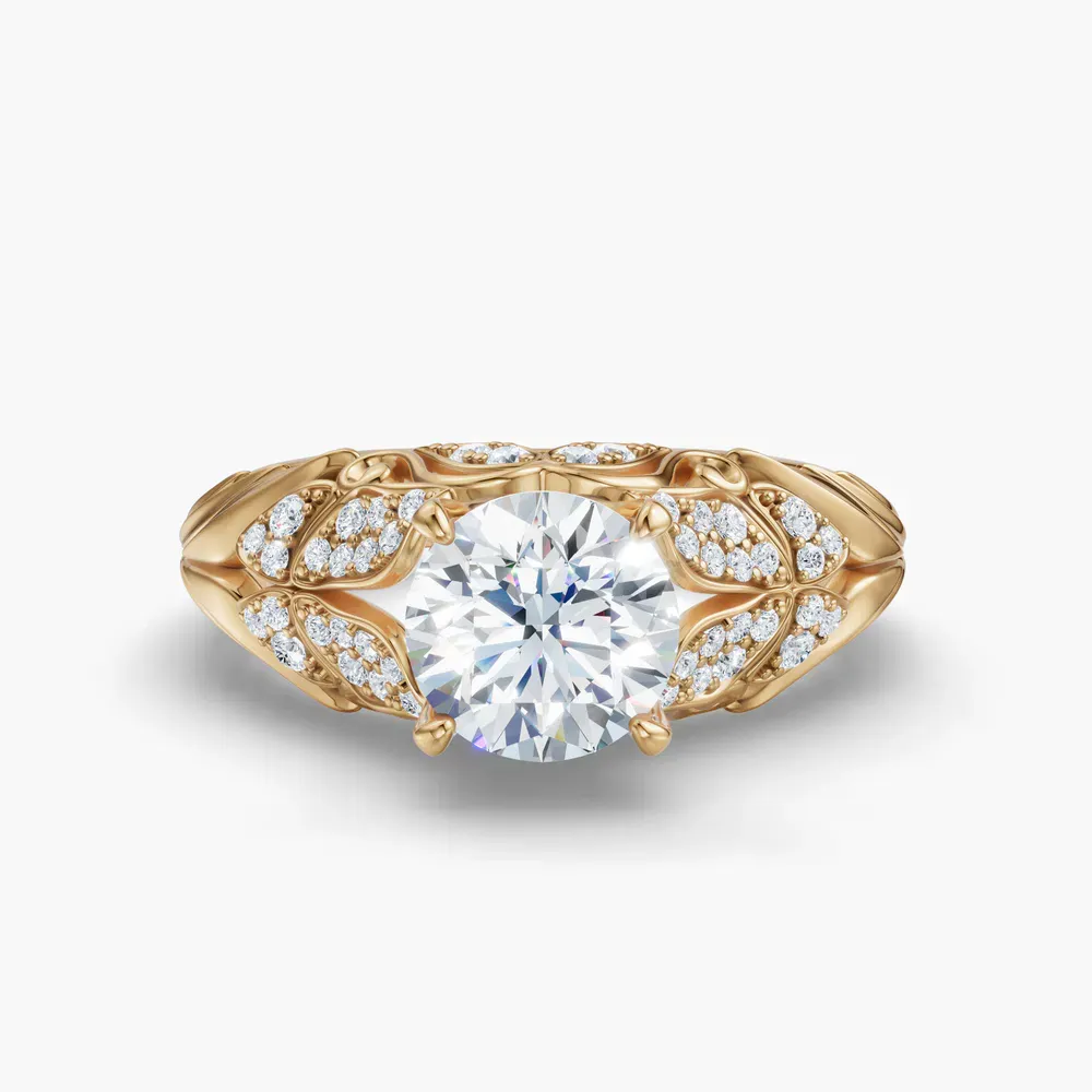 Certified 1 carat Lab Grown Diamond Round Cut Nature inspired, Pavé, Unique Engagement Ring in 14K Yellow Gold-Lyric