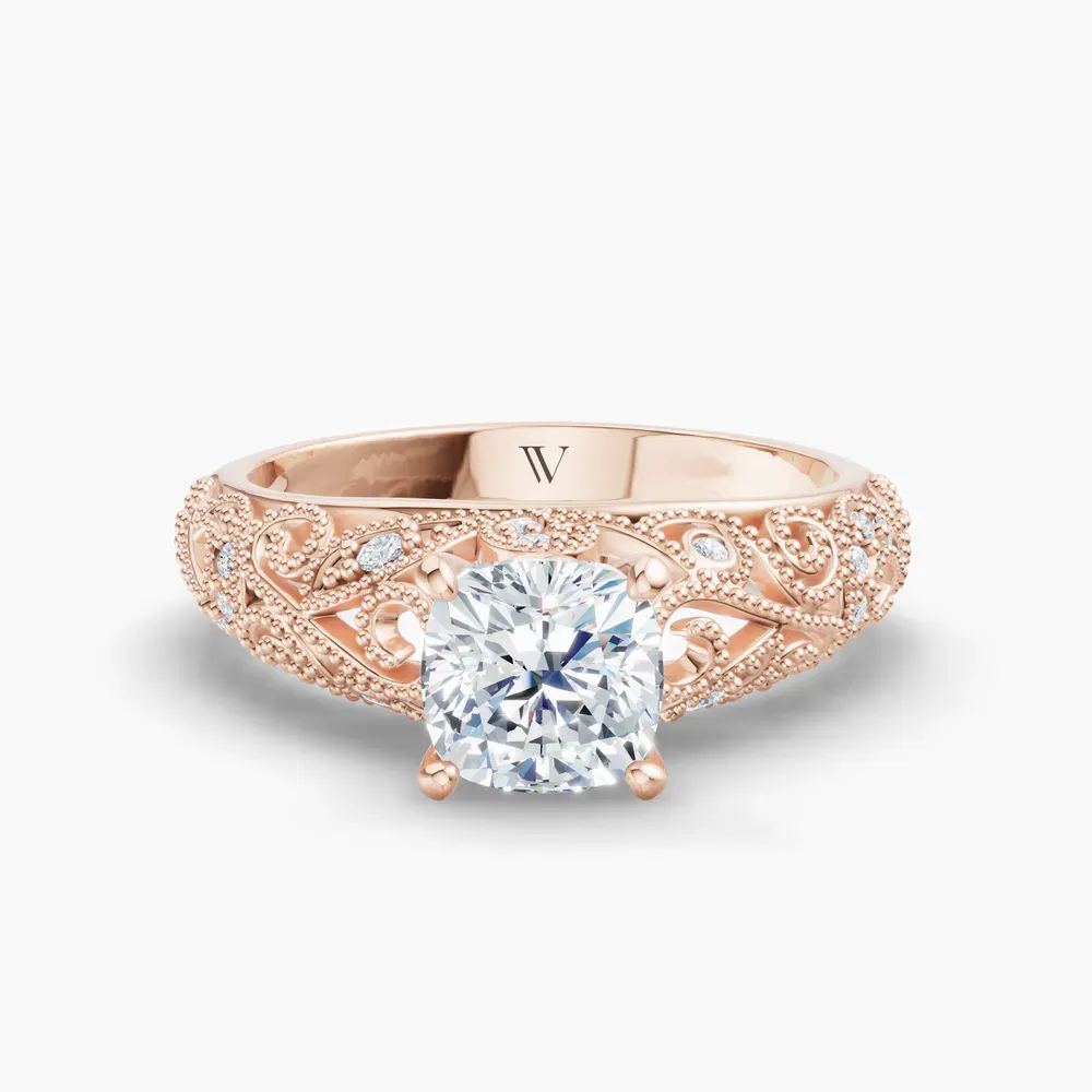 Certified 1 carat Lab Grown Diamond Cushion Cut Vintage, Milgrain, Filigree Engagement Ring in 14K Rose Gold-Jaxen