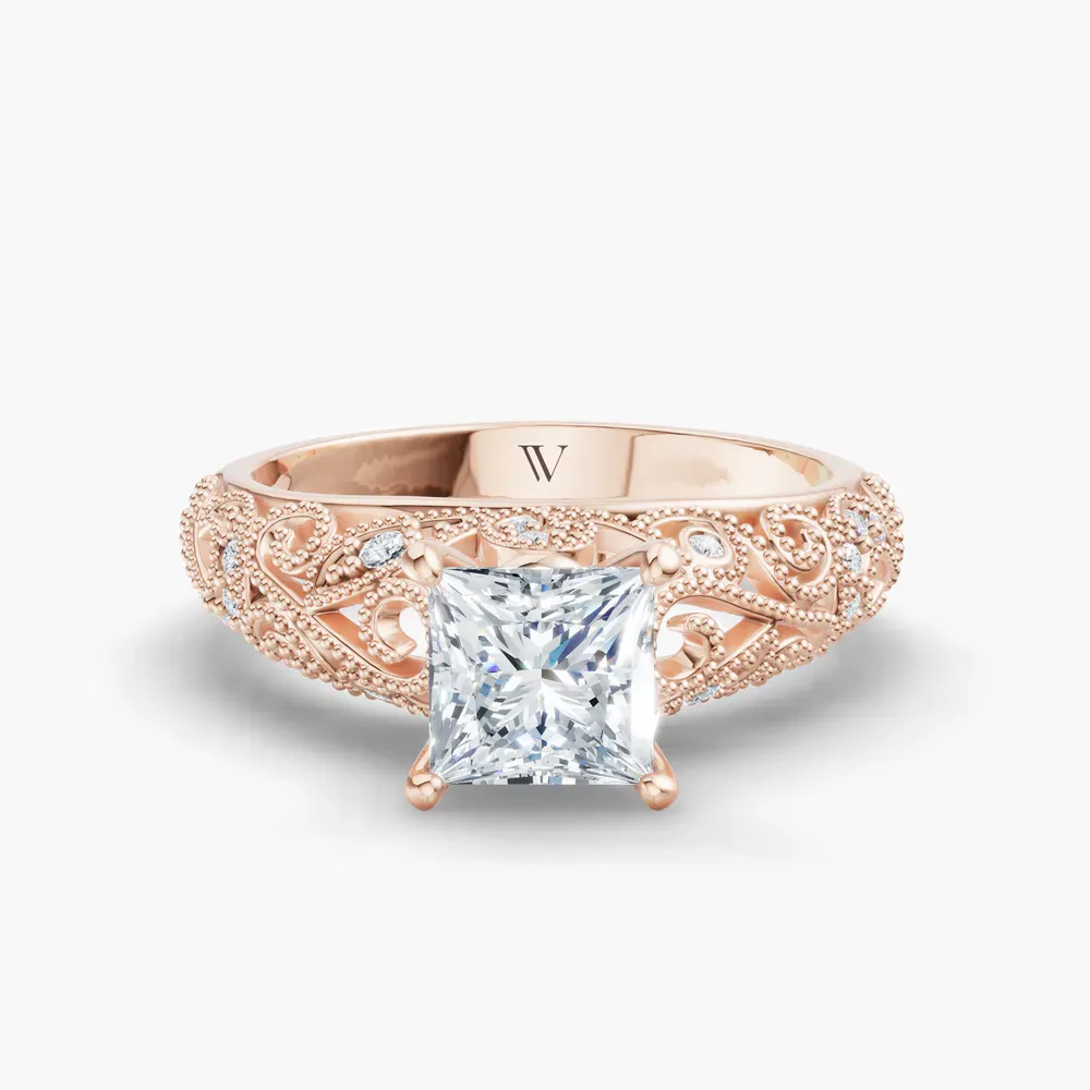 Certified 1 carat Lab Grown Diamond Princess Cut Vintage, Milgrain, Filigree Engagement Ring in 14K Rose Gold-Jaxen