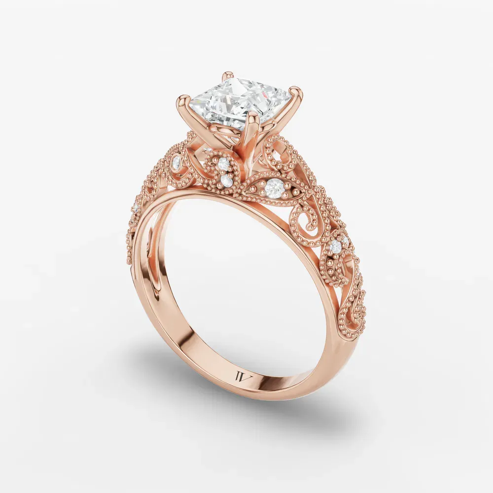 Certified 1 carat Lab Grown Diamond Princess Cut Vintage, Milgrain, Filigree Engagement Ring in 14K Rose Gold-Jaxen
