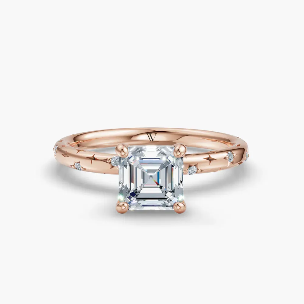Certified 1 carat Lab Grown Diamond Asscher Cut Hidden Halo, Unique, Side Stone Engagement Ring in 14K Rose Gold-Celestyn