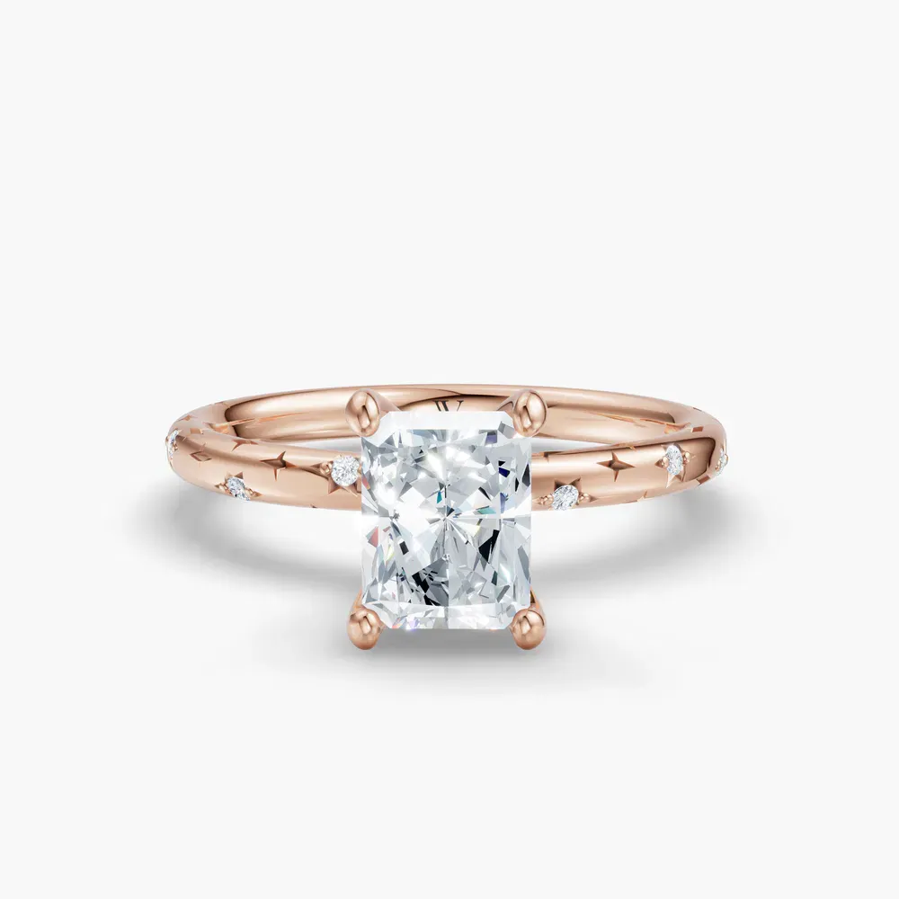 Certified 1 carat Lab Grown Diamond Radiant Cut Hidden Halo, Unique, Side Stone Engagement Ring in 14K Rose Gold-Celestyn