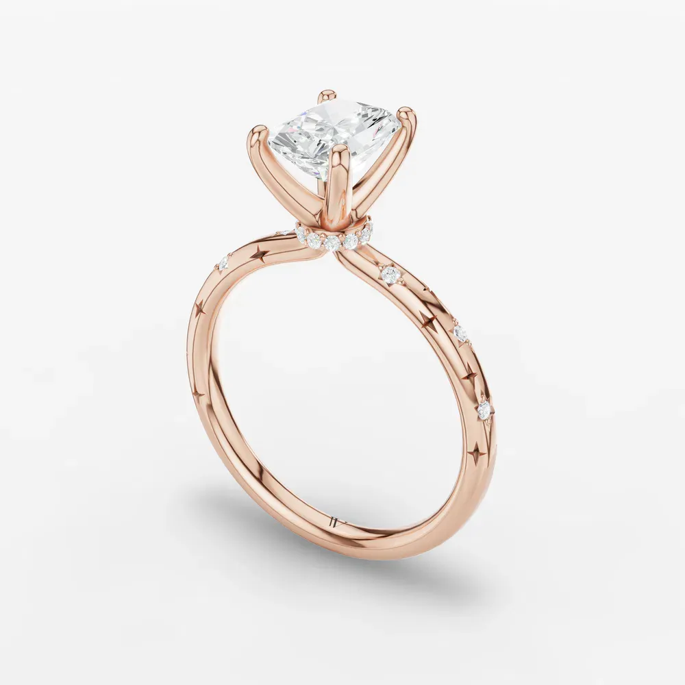 Certified 1 carat Lab Grown Diamond Radiant Cut Hidden Halo, Unique, Side Stone Engagement Ring in 14K Rose Gold-Celestyn