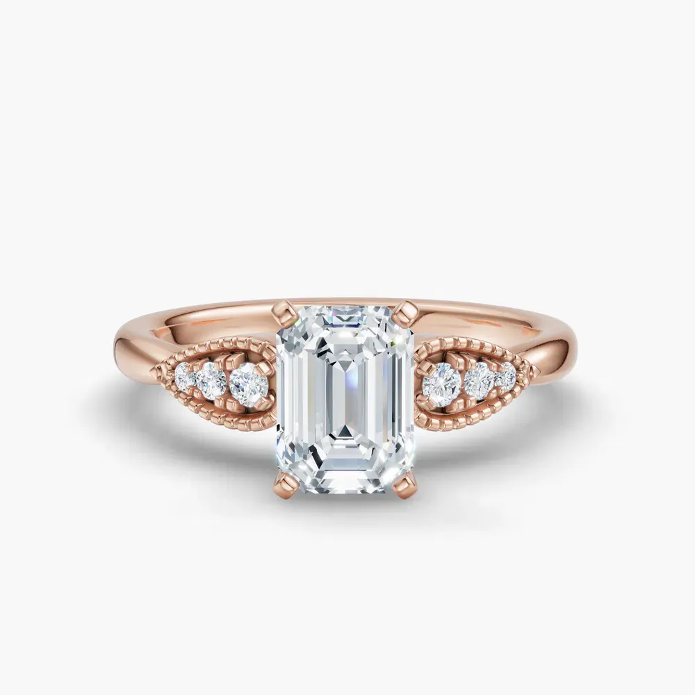 Certified 1 carat Lab Grown Diamond Emerald Cut Milgrain, Vintage, Side Stone Engagement Ring in 14K Rose Gold-Yerlin