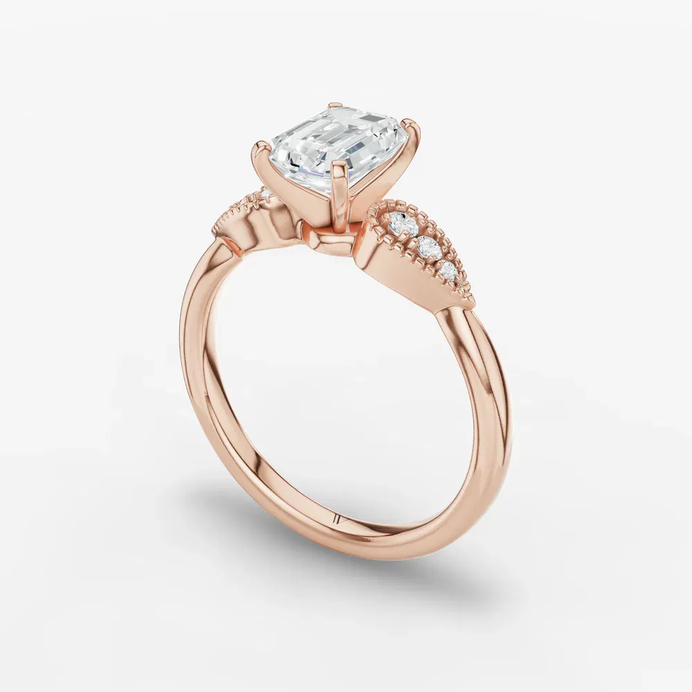 Certified 1 carat Lab Grown Diamond Emerald Cut Milgrain, Vintage, Side Stone Engagement Ring in 14K Rose Gold-Yerlin