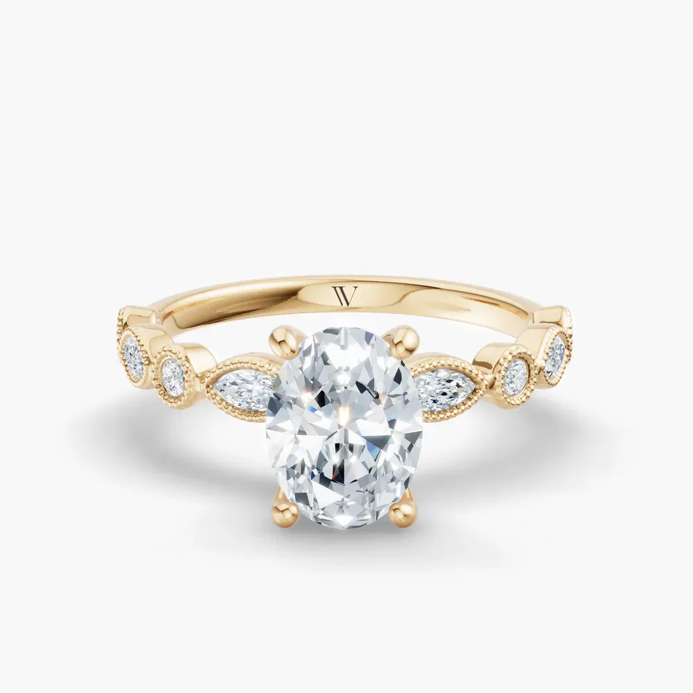 Certified 1 carat Lab Grown Diamond Oval Cut Vintage, Milgrain, Side Stone Engagement Ring in 14K Yellow Gold-Sior