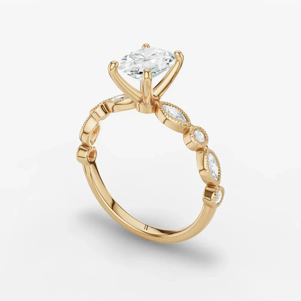 Certified 1 carat Lab Grown Diamond Oval Cut Vintage, Milgrain, Side Stone Engagement Ring in 14K Yellow Gold-Sior