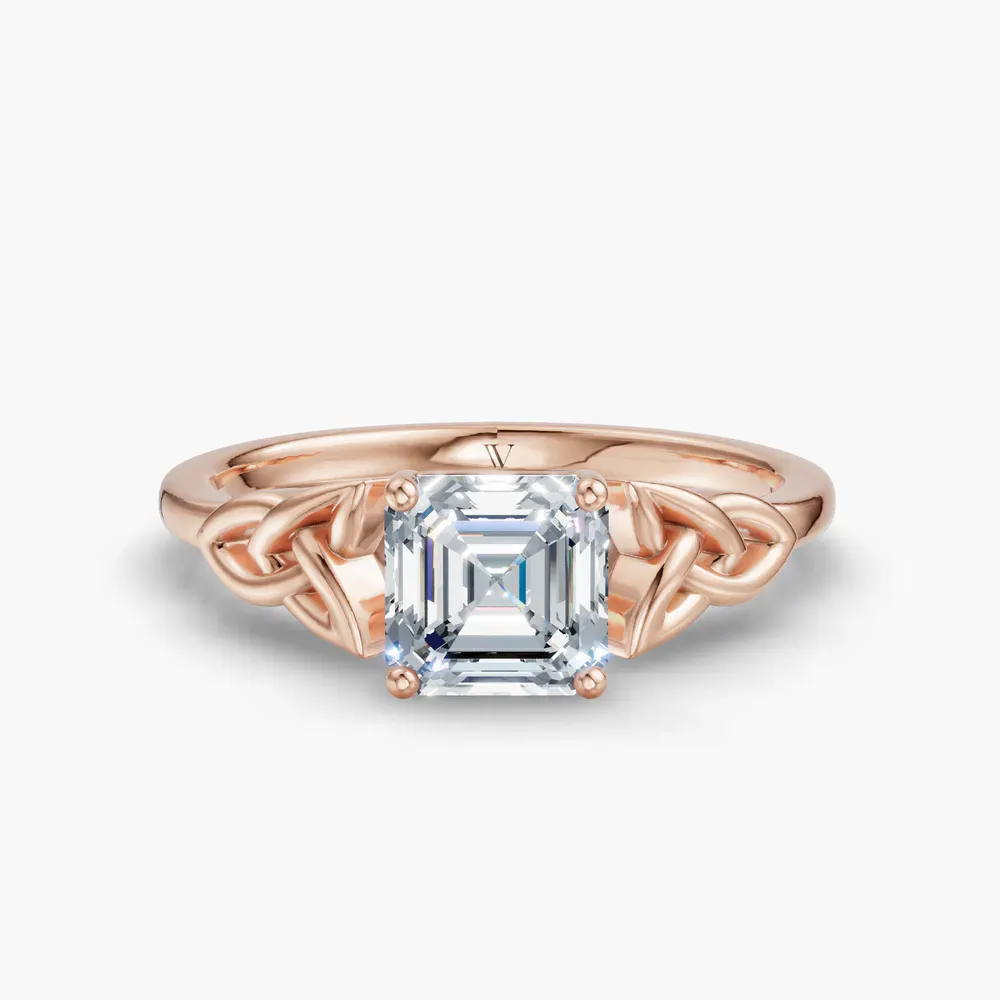 Certified 1 carat Lab Grown Diamond Asscher Cut Solitaire, Cathedral, Celtic Engagement Ring in 14K Rose Gold-Vire