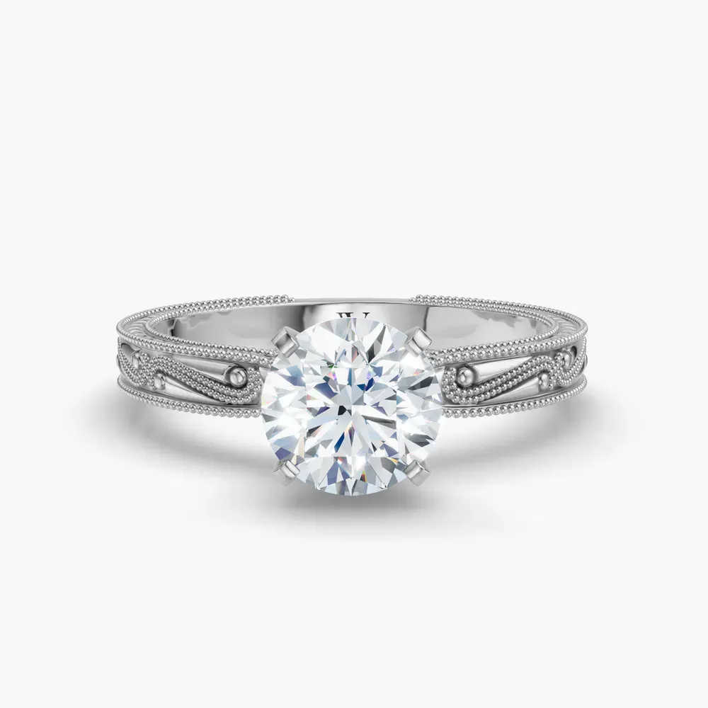 Certified 1 carat Lab Grown Diamond Round Cut Solitaire, Milgrain, Vintage Engagement Ring in 14K White Gold-Lirae