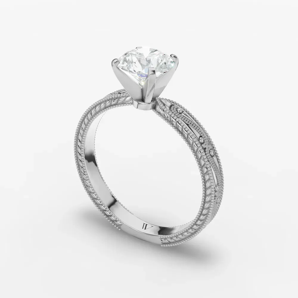 Certified 1 carat Lab Grown Diamond Round Cut Solitaire, Milgrain, Vintage Engagement Ring in 14K White Gold-Lirae