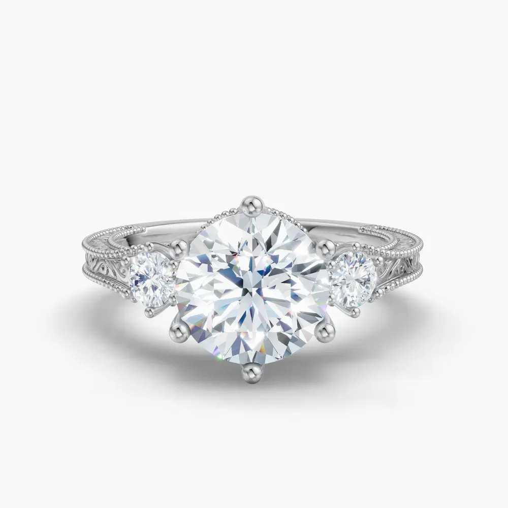 Certified 1 carat Lab Grown Diamond Round Cut Three Stone, Unique, Milgrain Engagement Ring in 14K White Gold-Zara