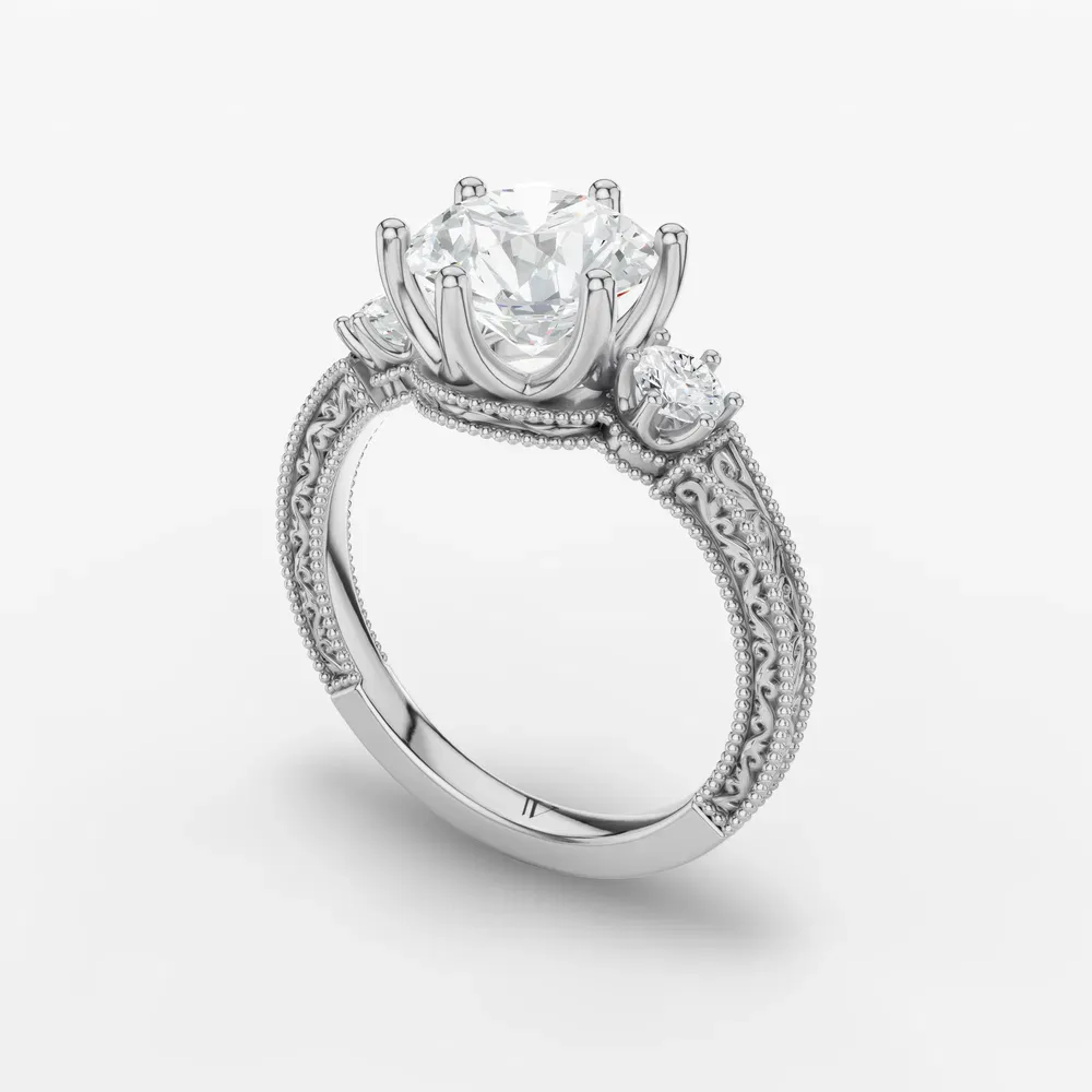 Certified 1 carat Lab Grown Diamond Round Cut Three Stone, Unique, Milgrain Engagement Ring in 14K White Gold-Zara